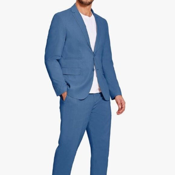 NWT Men's Blue 2 Piece Linen Suit Set Casual Lightweight Blazer and Pants SZ 3XL